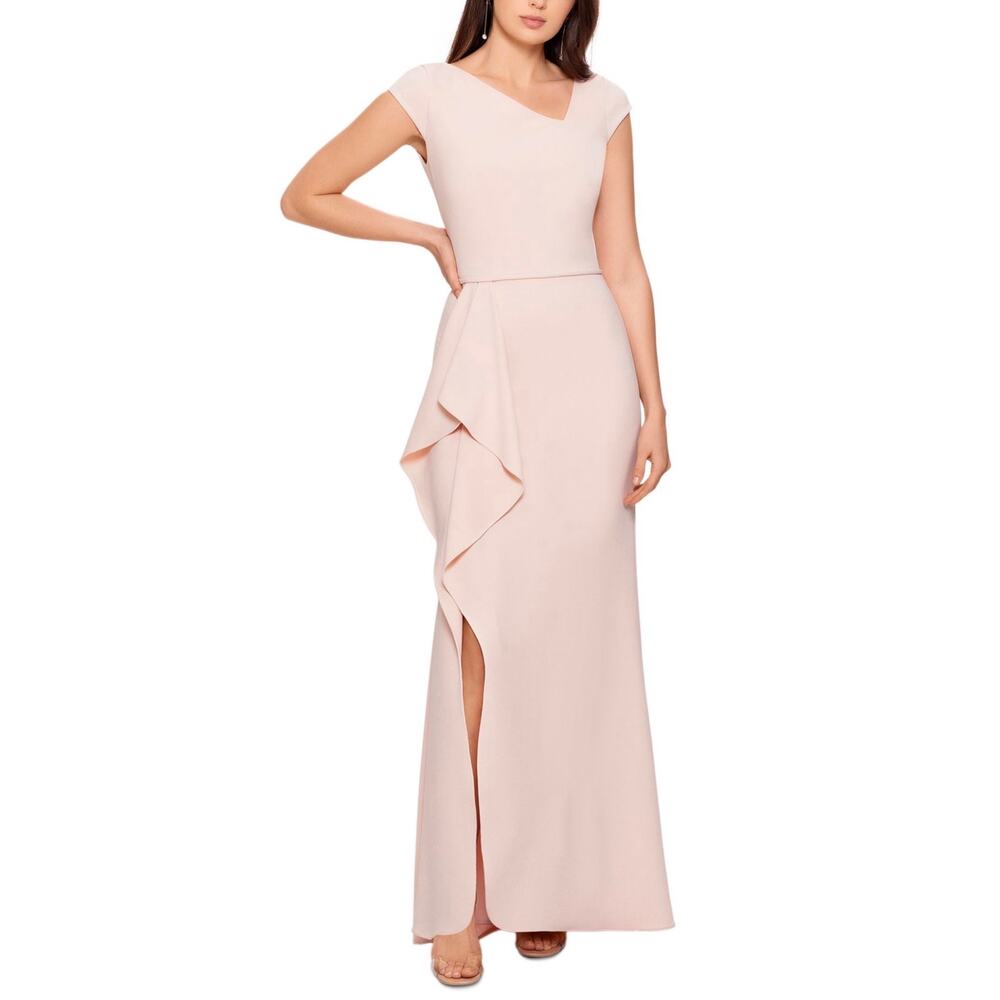Betsy & Adam Ruffled Thigh Slit Long Evening Gown Blush Pink Size 6 Formal Dress